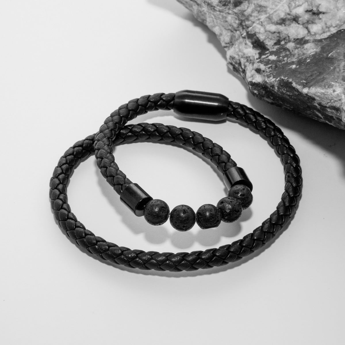 Braided Leather &amp; Lava Stone Bracelet