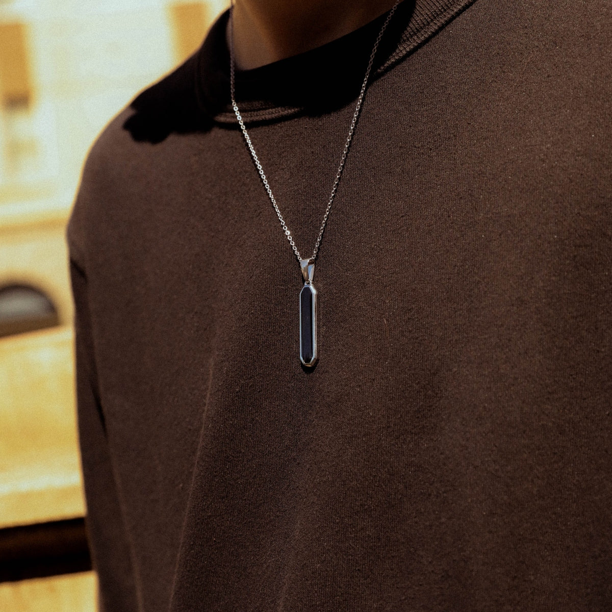 Silver Onyx Bar Pendant Necklace