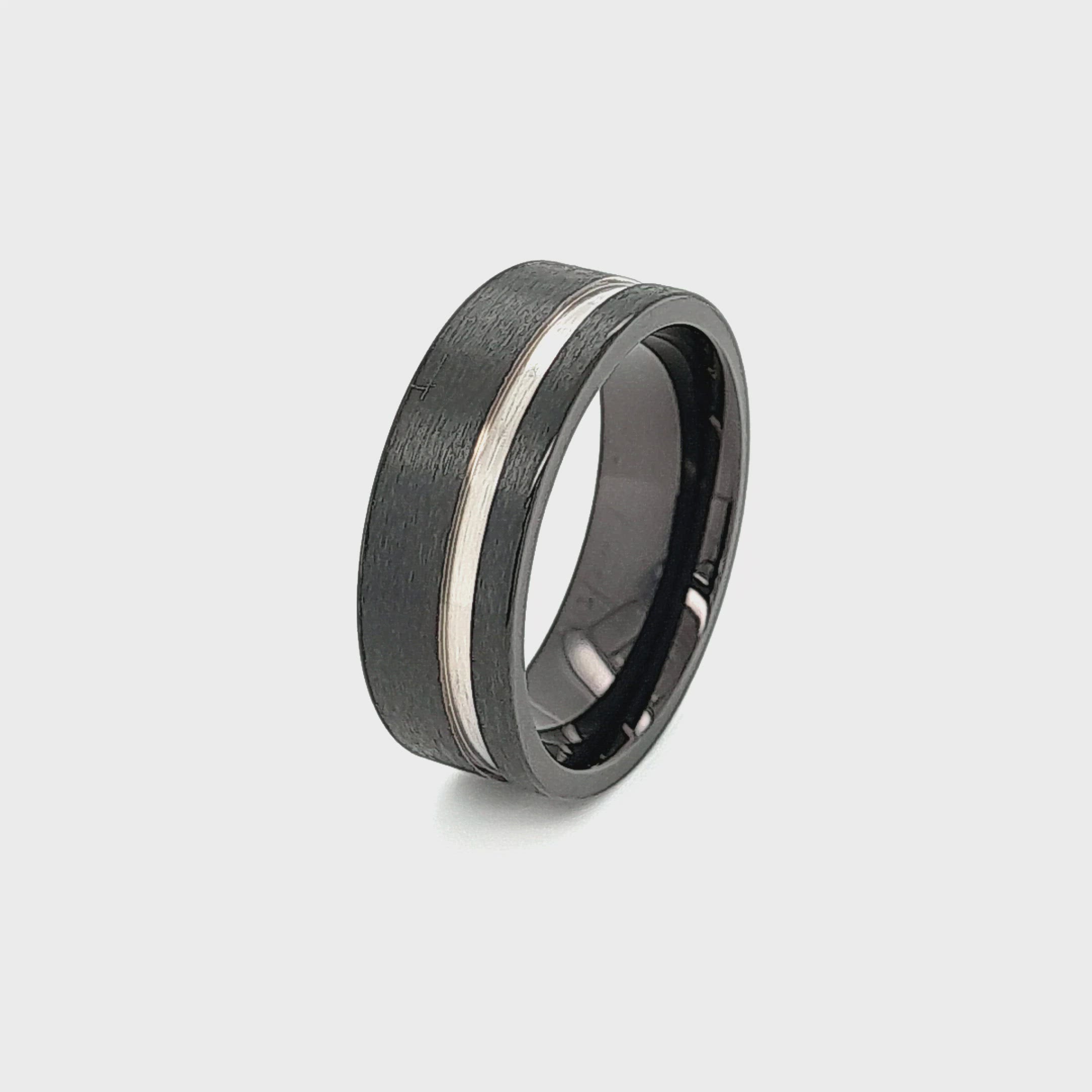 Men’s Silver Striped Black Titanium Ring